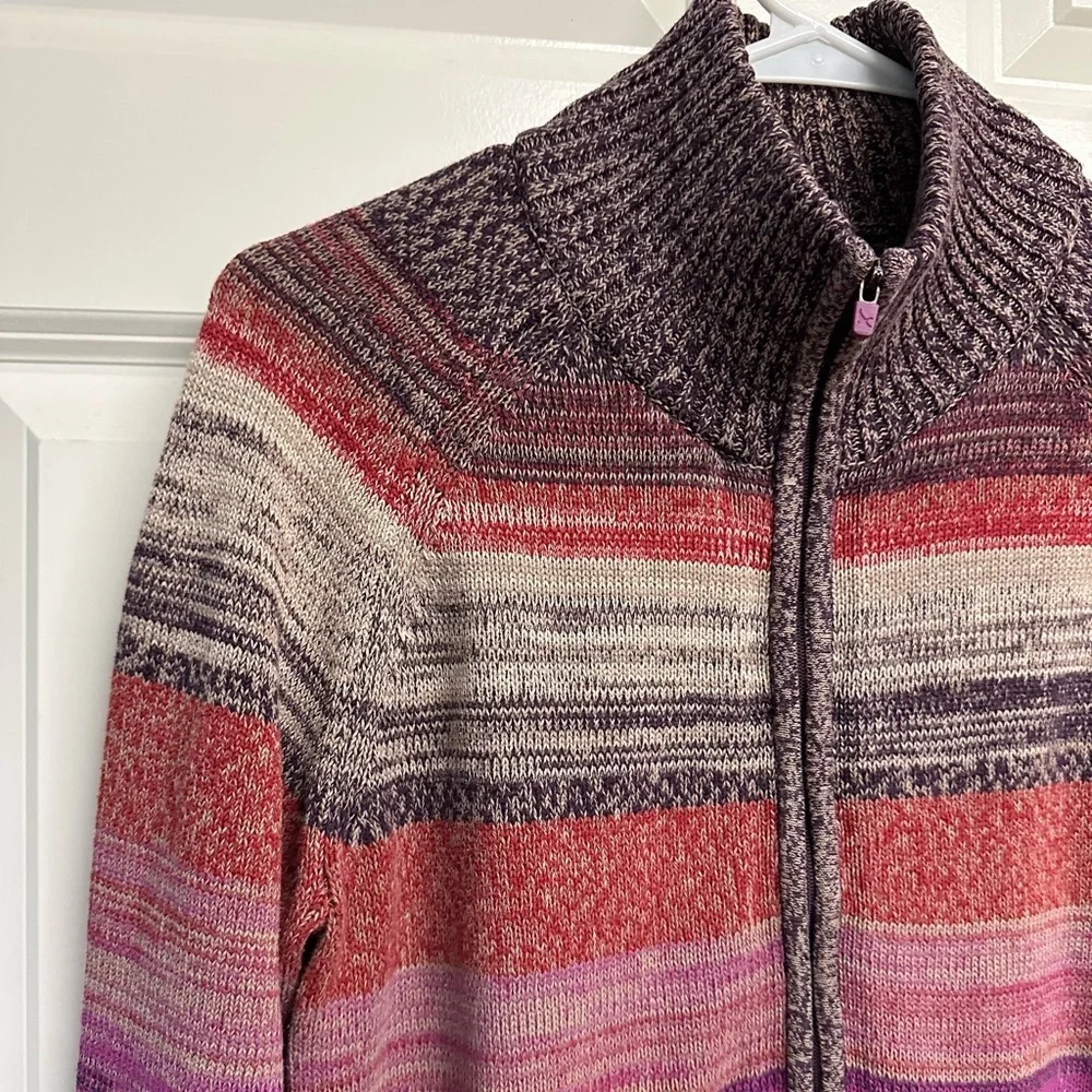 Eddie Bauer Knit Zip Pink and Purple Striped 100% Cotton Cardigan Sweater L